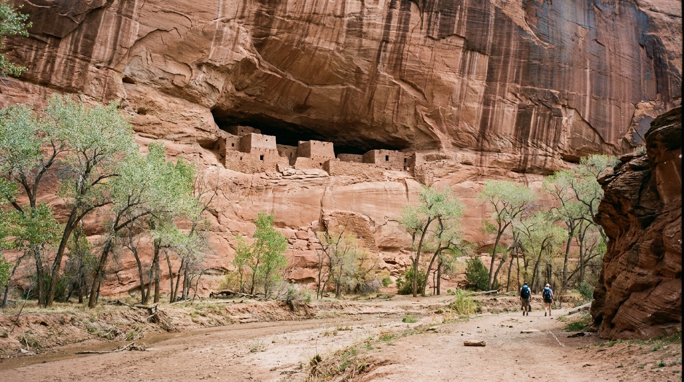 The ancient White House Ruin cliff dwelling tucked into a recess in a towering red sandstone wall, seen from the canyon floor at Canyon de Chelly