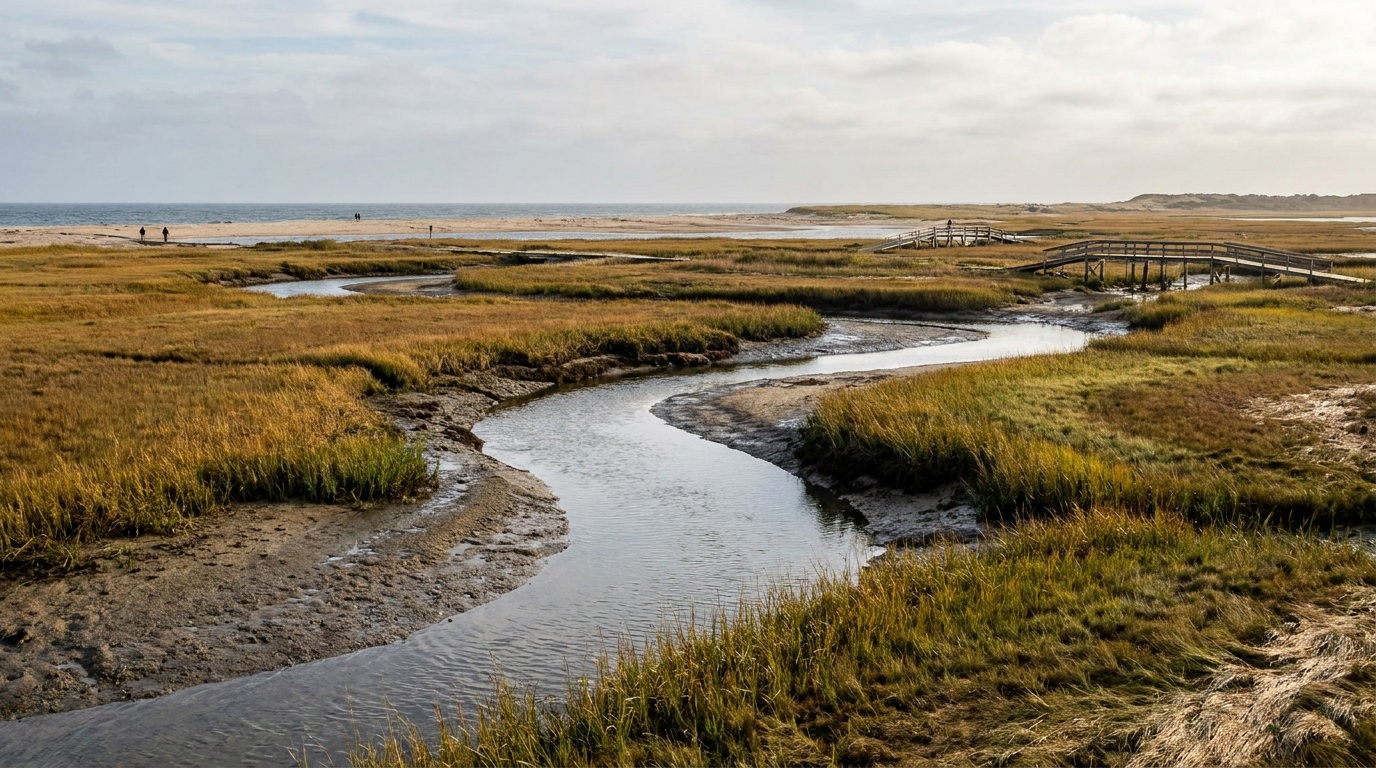 Nauset Marsh tidal channels and grasses along the seashore