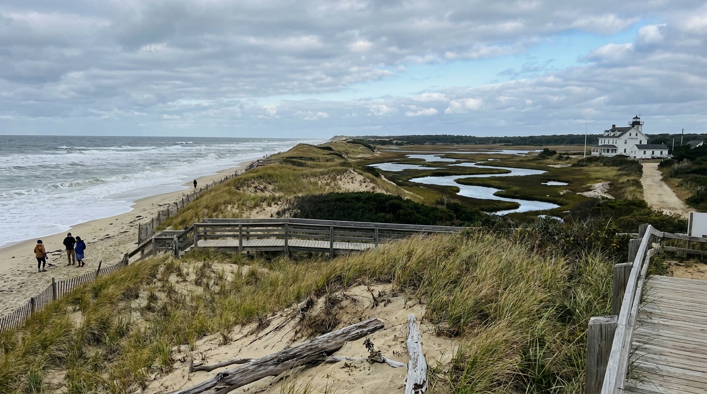 Coast Guard Beach with surf, dunes, and salt marsh in Eastham