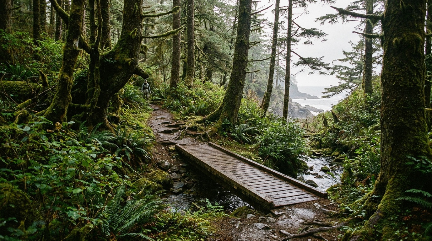 Old-growth coastal forest trail at Cape Disappointment State Park