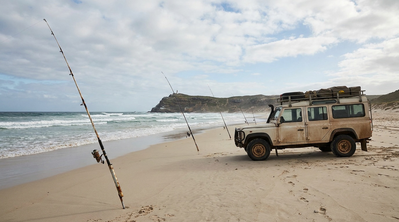 Surf-fishing rods and a four-wheel-drive vehicle on the open beach at Cape Point