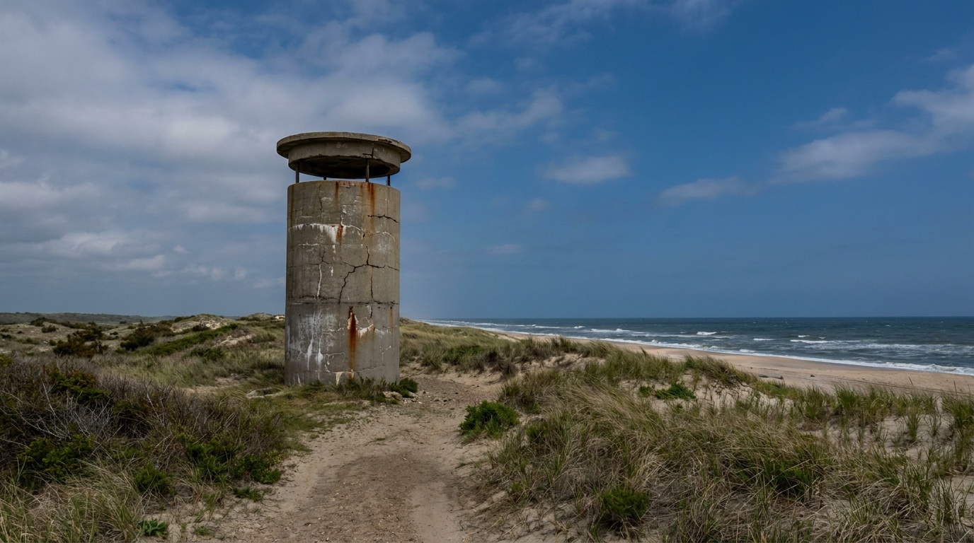 A cylindrical WWII coastal-defense observation tower at Fort Miles in Cape Henlopen State Park rising above the beach dunes, weathered concrete, blue sky, photorealistic historical landscape