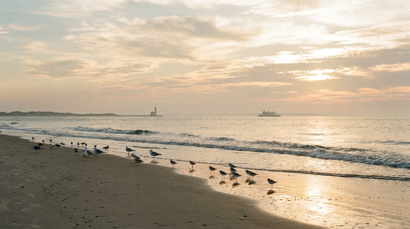Calm Delaware Bay shoreline at the Point of Cape Henlopen at golden hour, shorebirds along the wet sand, gentle waves, a lighthouse and ferry visible far offshore, photorealistic