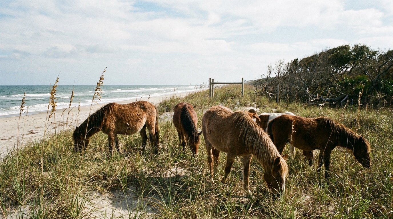 Wild horses of Shackleford Banks grazing on open dune grass with the ocean behind them