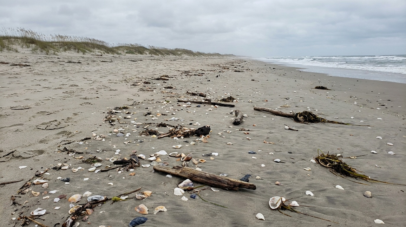 Miles of empty windswept Core Banks beach scattered with seashells at low tide