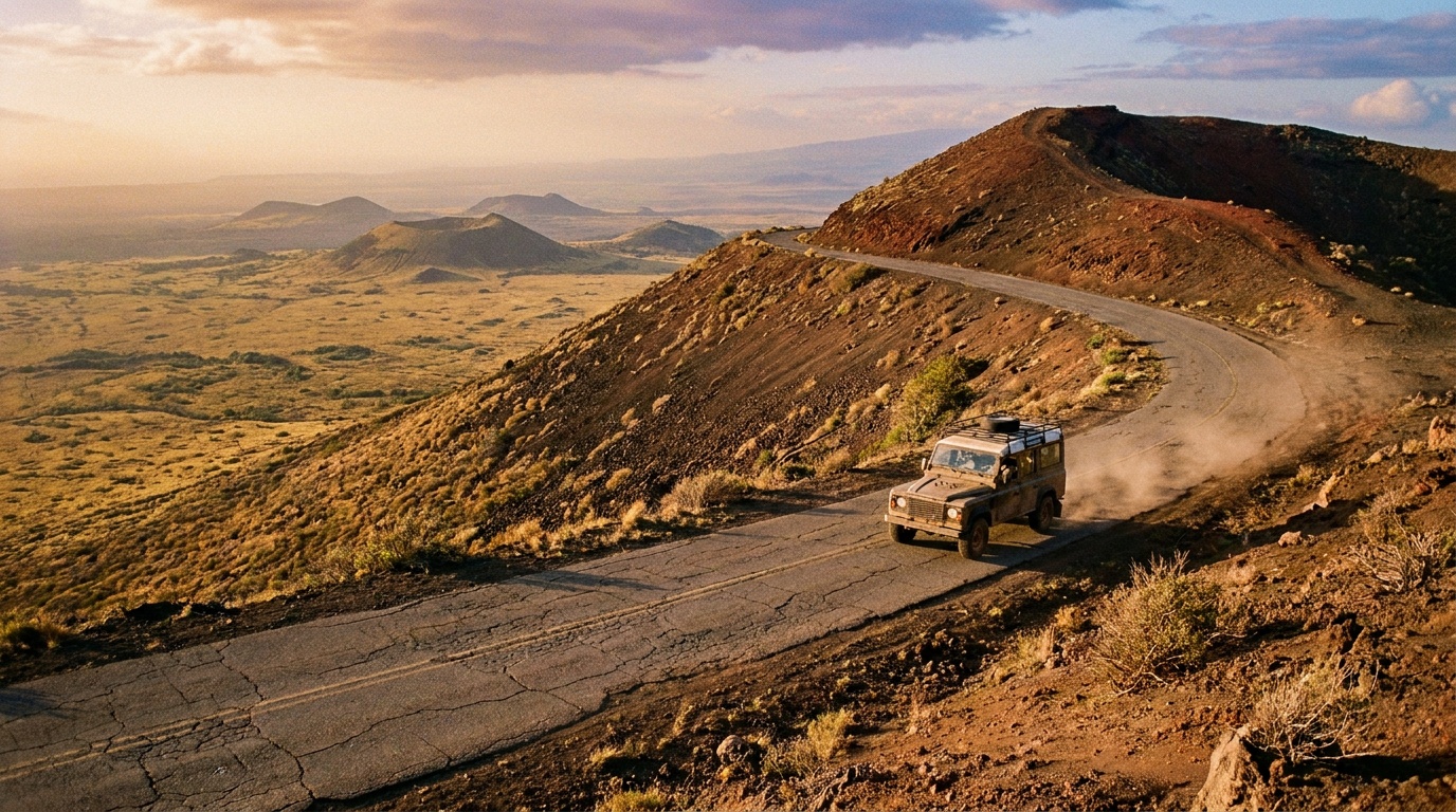 The paved Volcano Road winding up the cinder cone with a car climbing, sweeping view over the grasslands and other volcanoes far below, late afternoon light