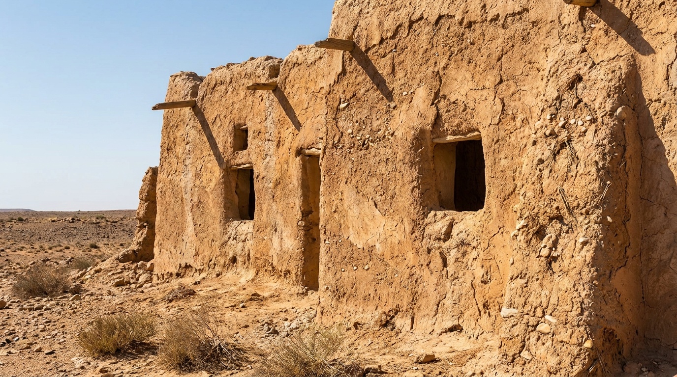 Close detail of the ancient adobe walls of the Great House, textured caliche mud construction, small windows and openings, strong directional desert light and shadow