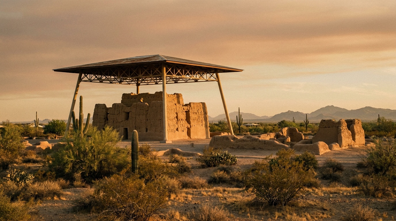 Wide view of the Casa Grande compound and surrounding ruins in the Sonoran Desert at golden hour, the canopy structure prominent, distant mountains and desert scrub