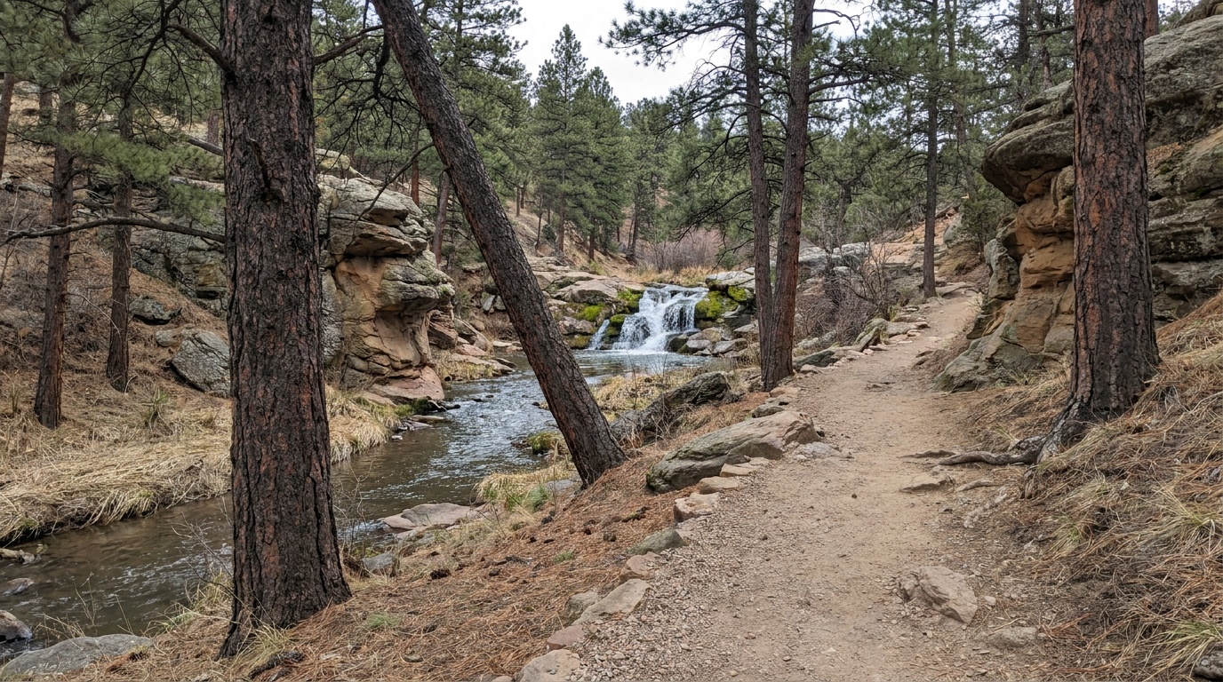 A flat creekside trail along Cherry Creek leading toward Castlewood Canyon Falls, ponderosa pines and rock outcrops framing the path.