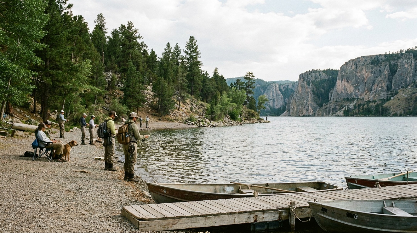 Anglers along the shore of Cave Lake in summer