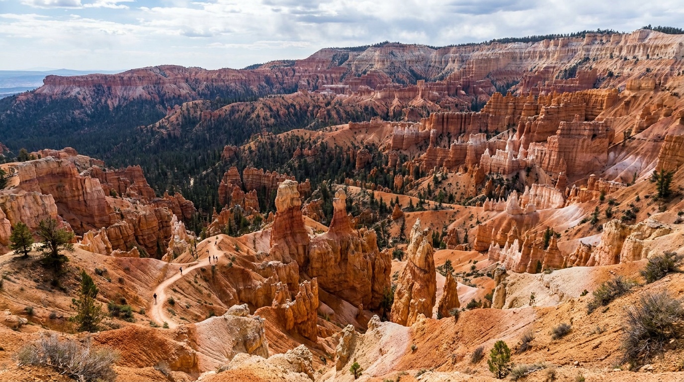 Layered hoodoos and ridgelines deep in the Cedar Breaks amphitheater