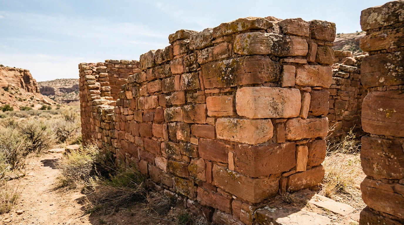 Detailed ancient Ancestral Puebloan masonry stonework of finely fitted sandstone blocks in a Chaco great house wall