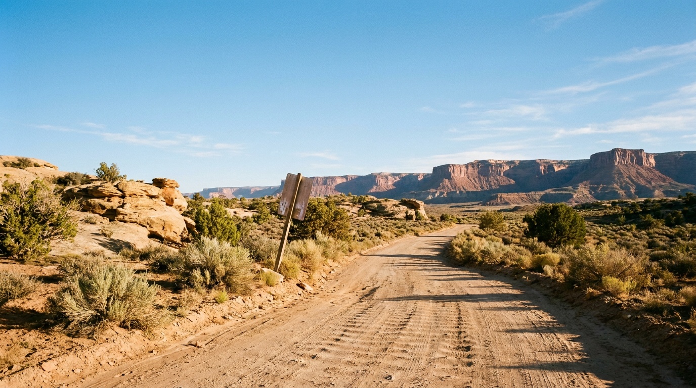 A rough washboard dirt road stretching across empty high-desert mesa toward distant cliffs under a wide blue sky on the approach to Chaco