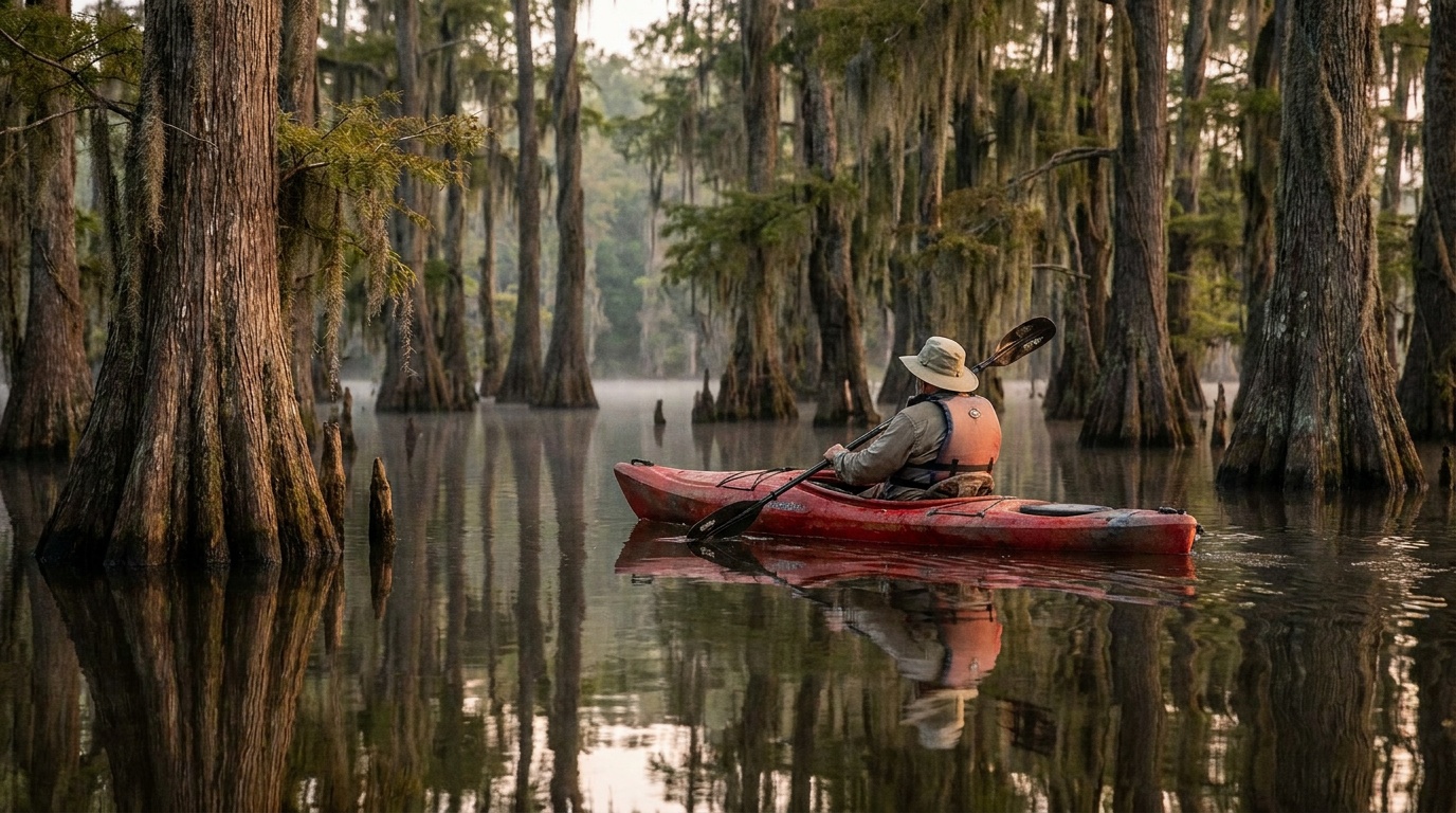 A red kayak gliding across calm Lake Chicot among flooded cypress trunks, reflections on the water, quiet wilderness feel