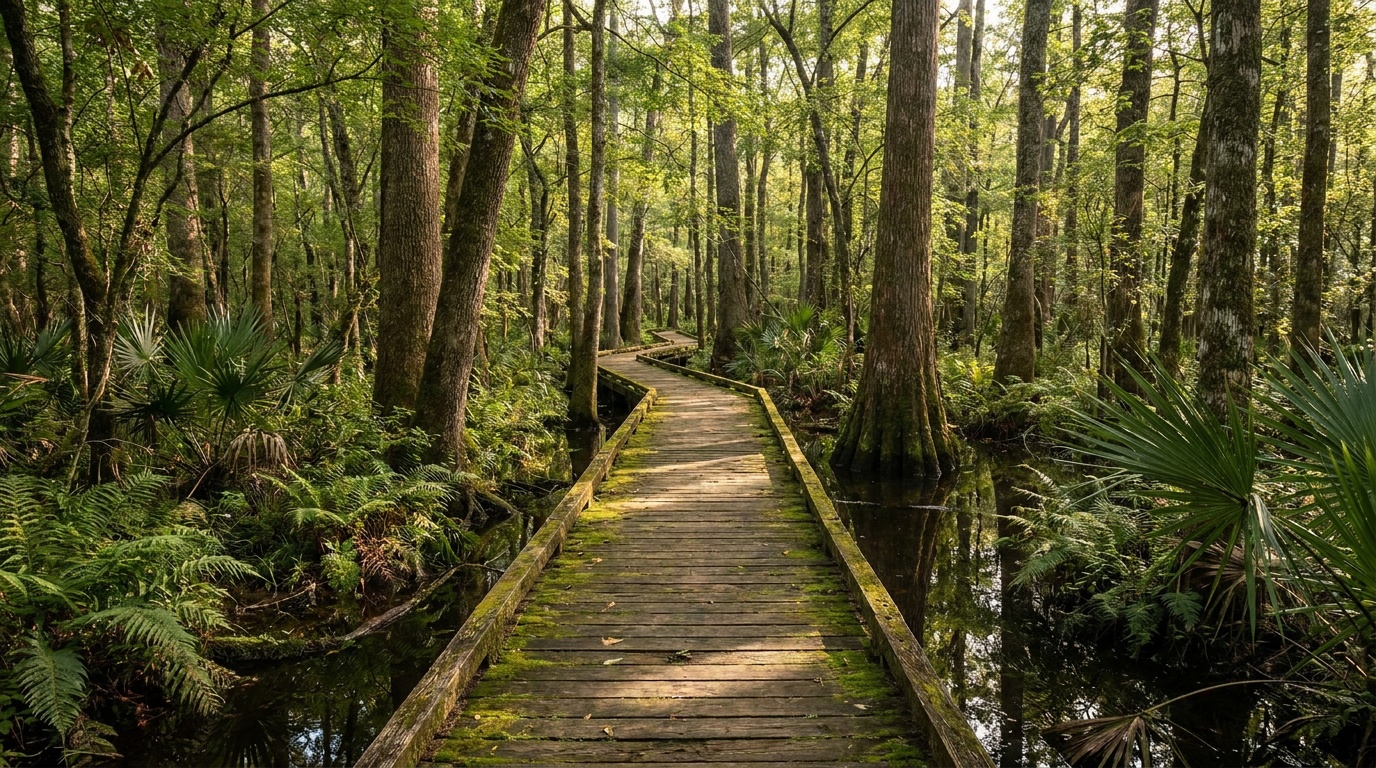 A wooden boardwalk winding through a bottomland hardwood swamp at Chicot State Park, ferns and palmetto on either side, dappled forest light