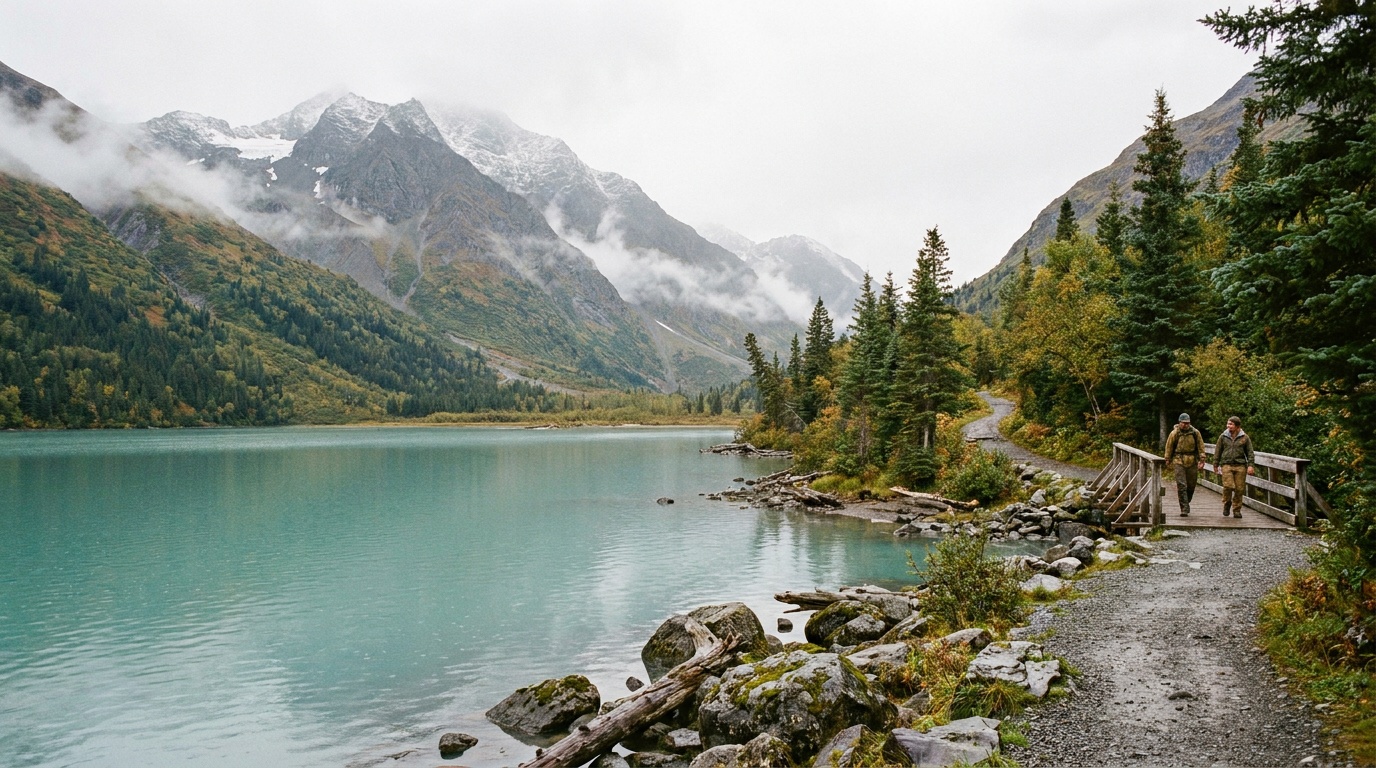 Turquoise glacial water of Eklutna Lake in Chugach State Park