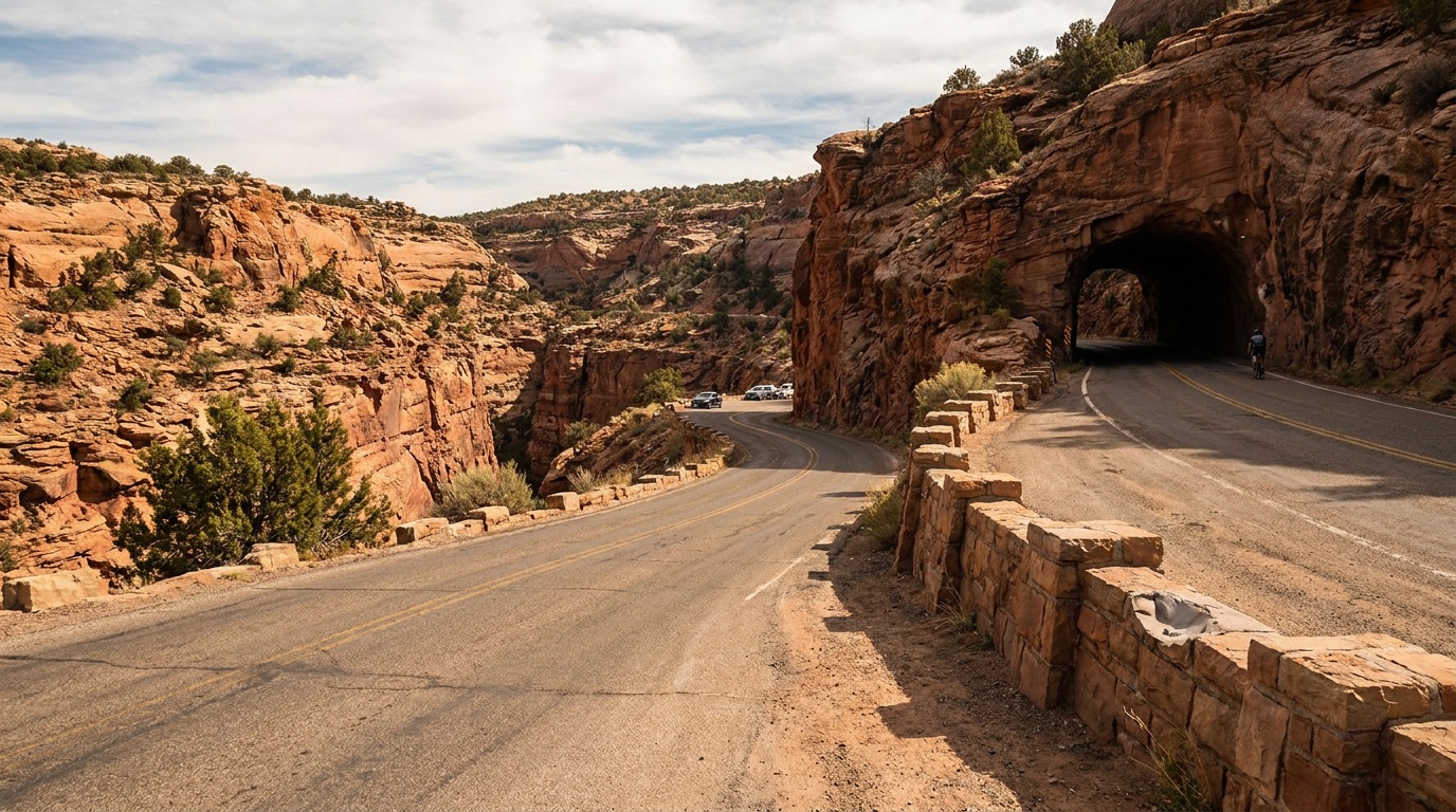 Rim Rock Drive winding along the canyon edge with a tunnel ahead
