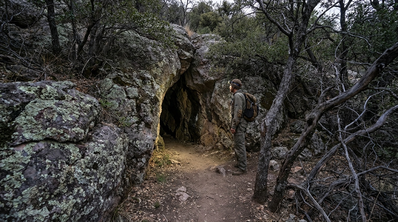 A hiker with a headlamp at the dark entrance of undeveloped Coronado Cave in the Huachuca Mountains, limestone rock and oak woodland around the trail