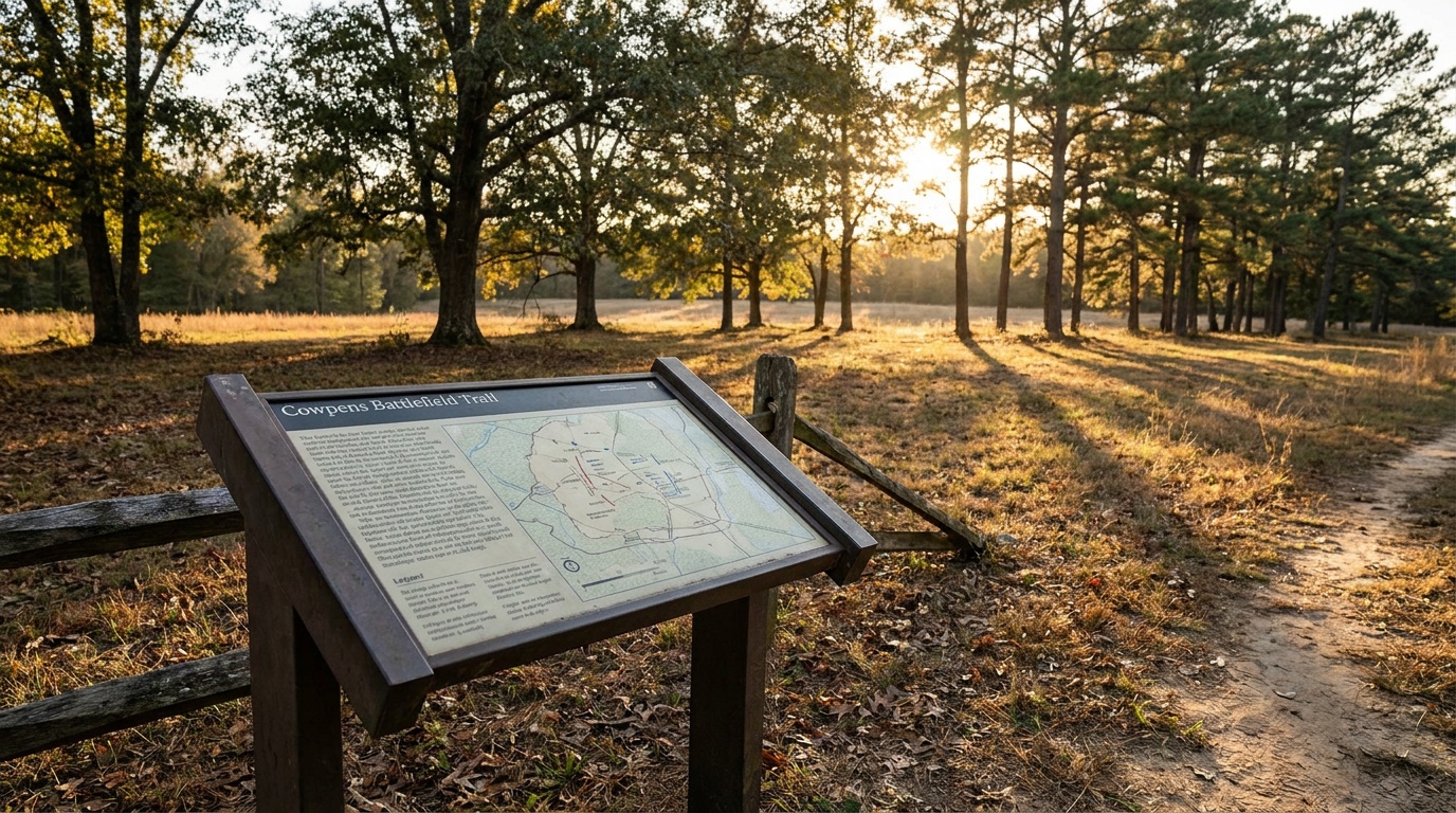 A wayside interpretive marker on the Cowpens Battlefield Trail with a battle map, set against the open field and a tree line at golden hour