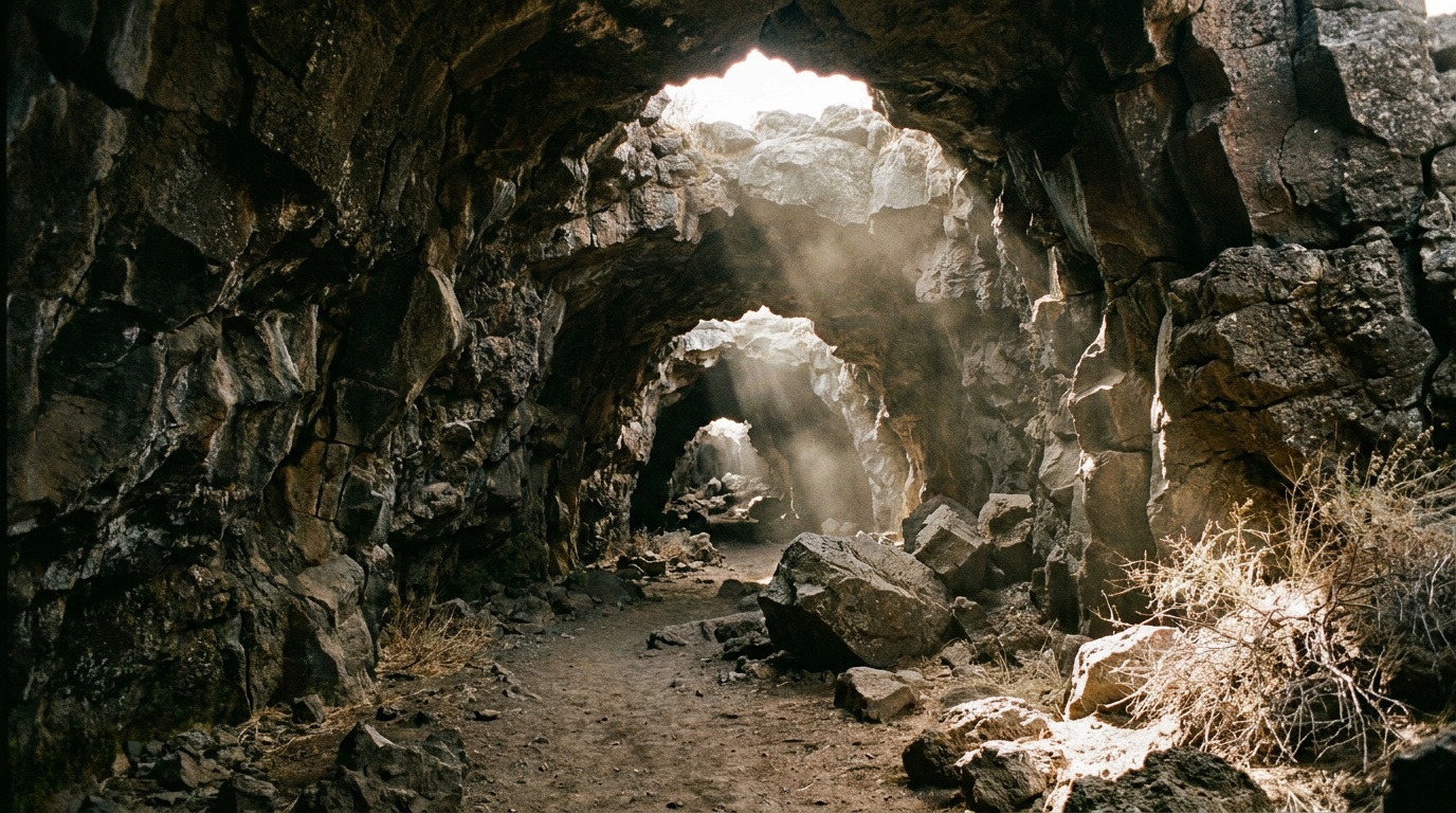 Light streaming through skylights into the Indian Tunnel lava tube