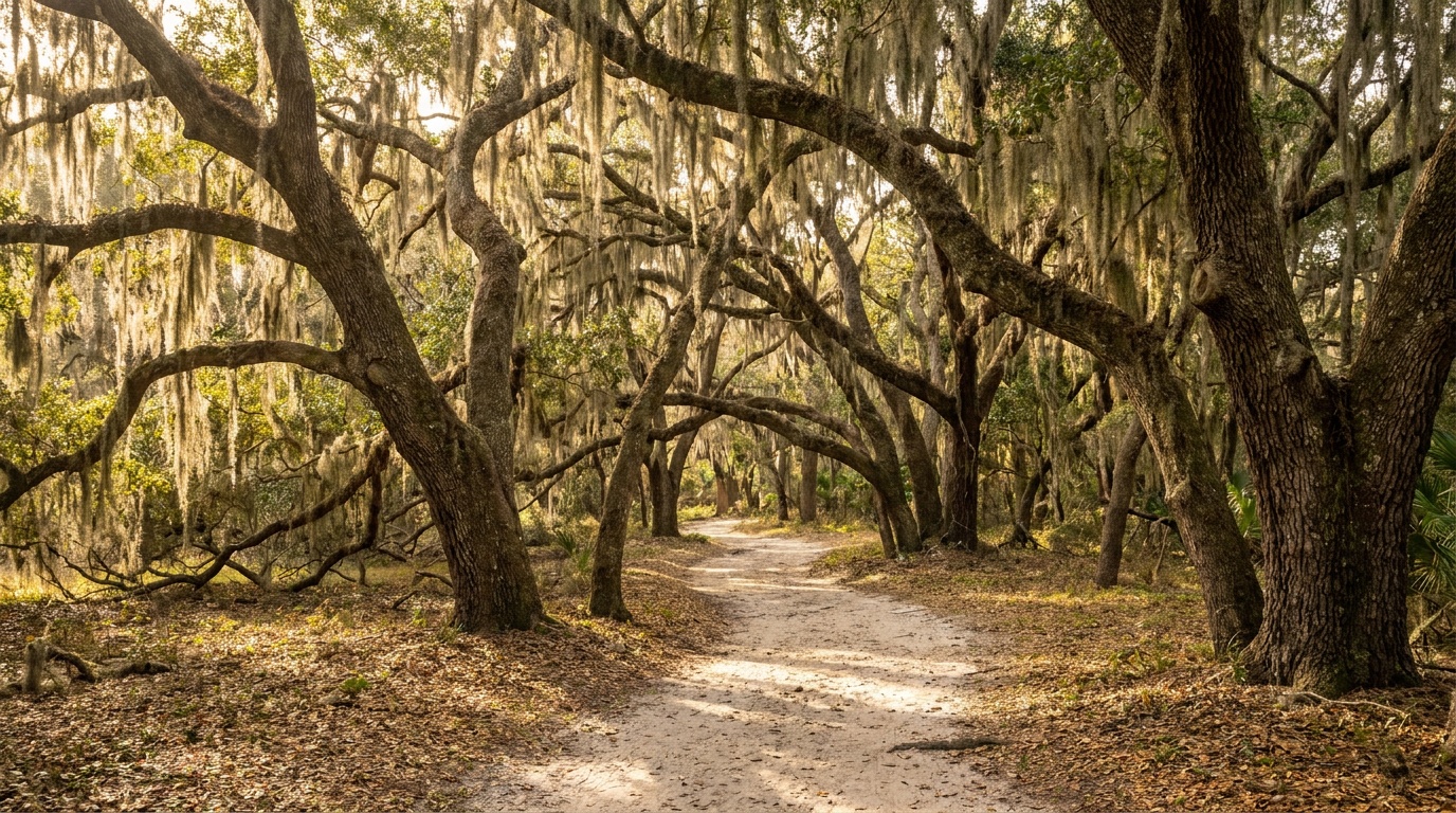 A sun-dappled live oak corridor draped in Spanish moss arching over a sandy walking trail on Cumberland Island