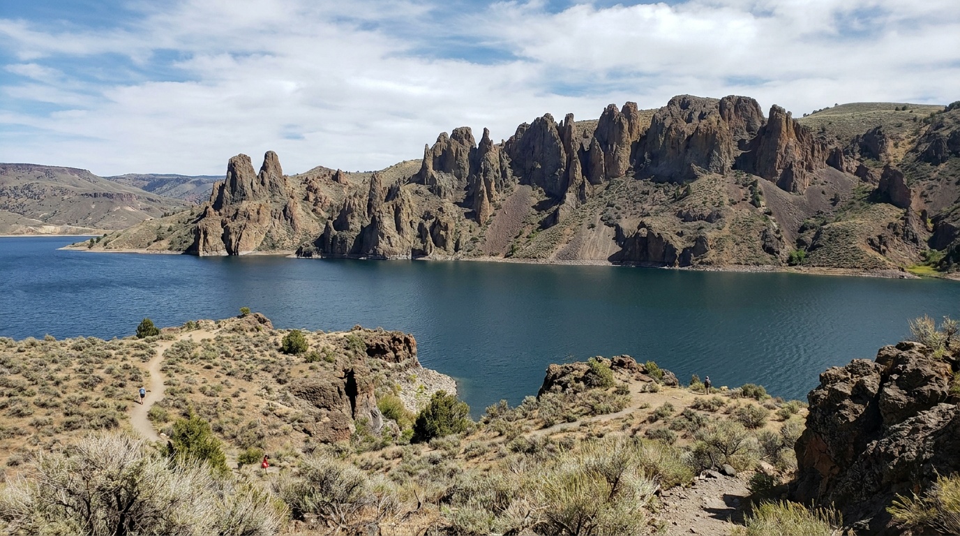 Blue Mesa Reservoir blue water below the eroded Dillon Pinnacles spires