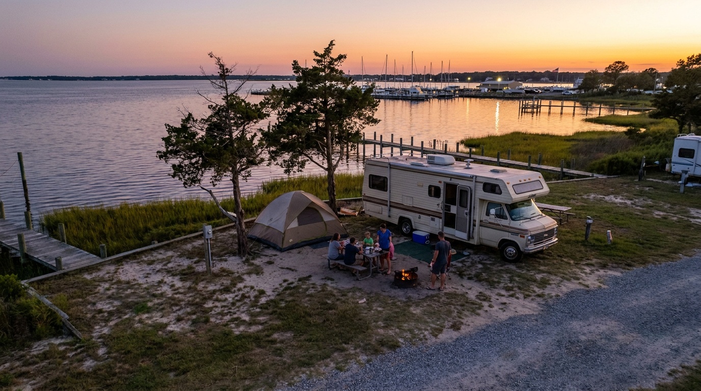 An RV and tent campsite on the bay side at Delaware Seashore State Park near the Indian River Marina at dusk, boats in the marina, warm sunset over the bay, Delaware