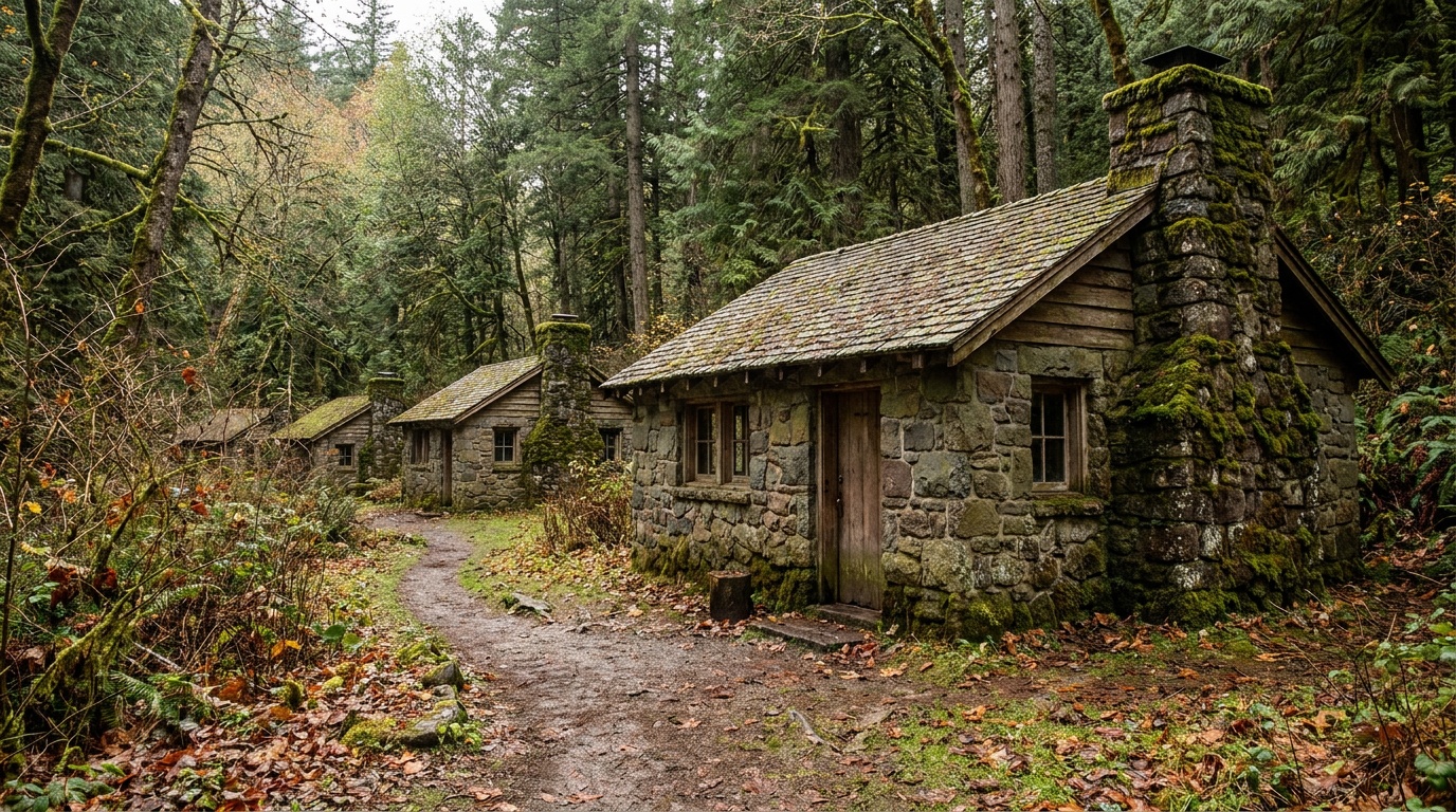 Historic 1930s CCC stone cabins in the wooded hollow
