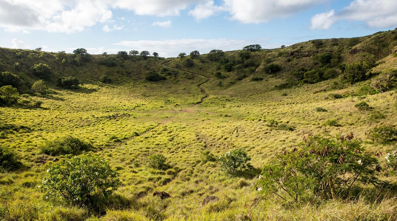 The grassy interior crater floor of Diamond Head with the trail climbing the slope