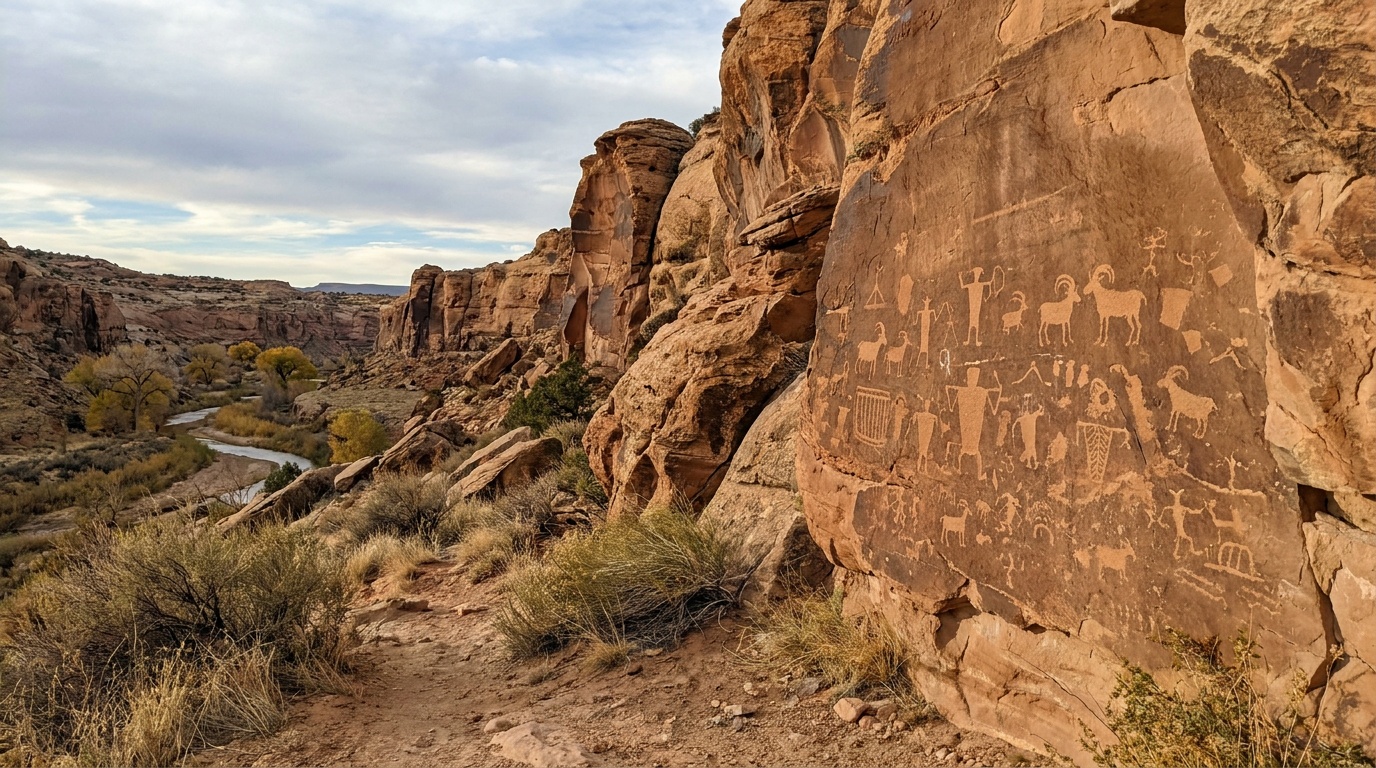 Ancestral Fremont petroglyphs on a rock panel near Cub Creek