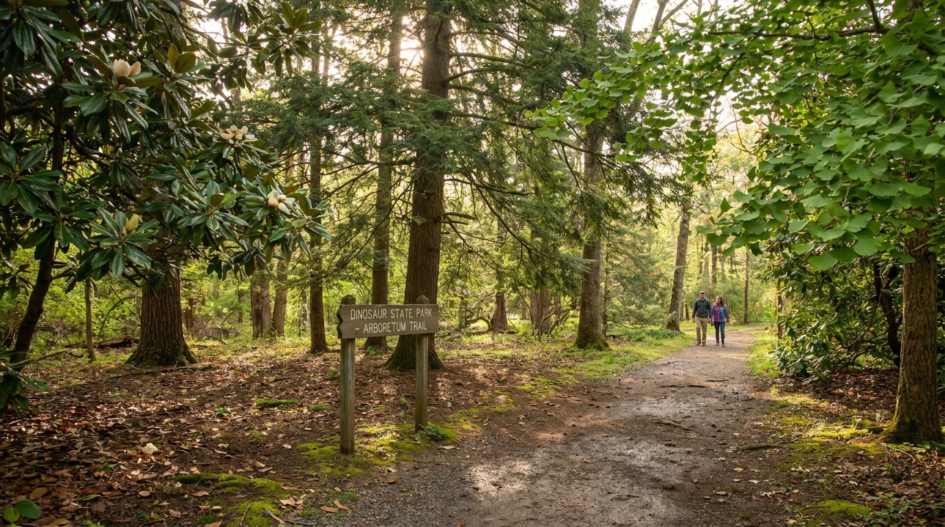 A nature trail through the arboretum at Dinosaur State Park with conifers, ginkgoes, and magnolias, green foliage, soft spring light, Rocky Hill Connecticut