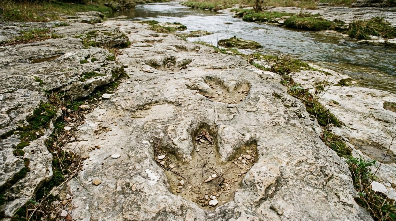 Three-toed theropod dinosaur tracks pressed into the Paluxy limestone