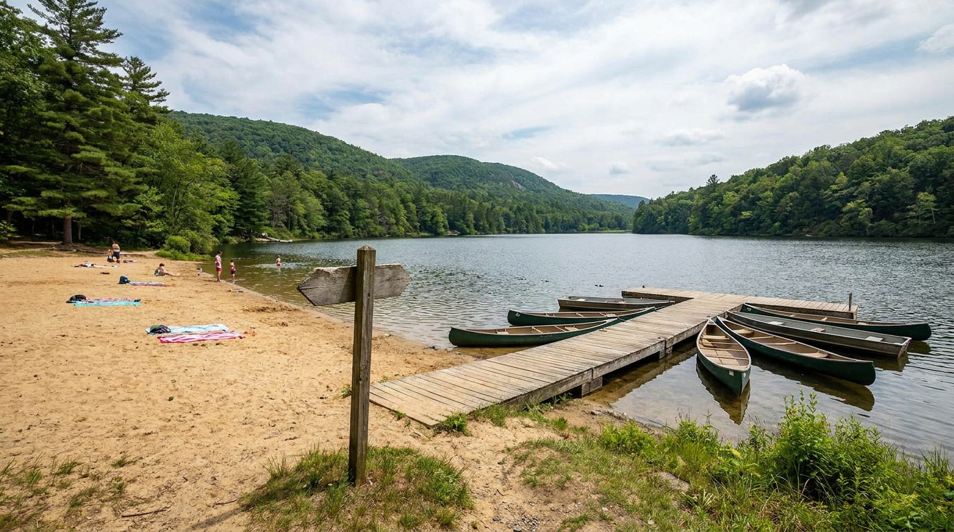 The swimming beach and boat dock on the 50-acre Douthat Lake