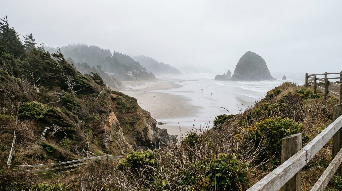 View south toward Cannon Beach and Haystack Rock from Ecola