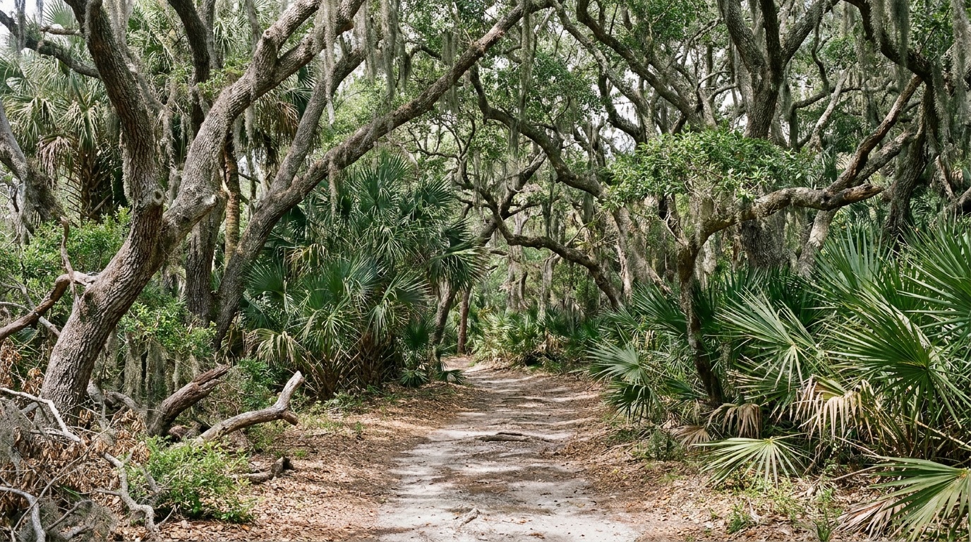 Live oaks and palmetto in the ancient maritime forest trail at Edisto Beach