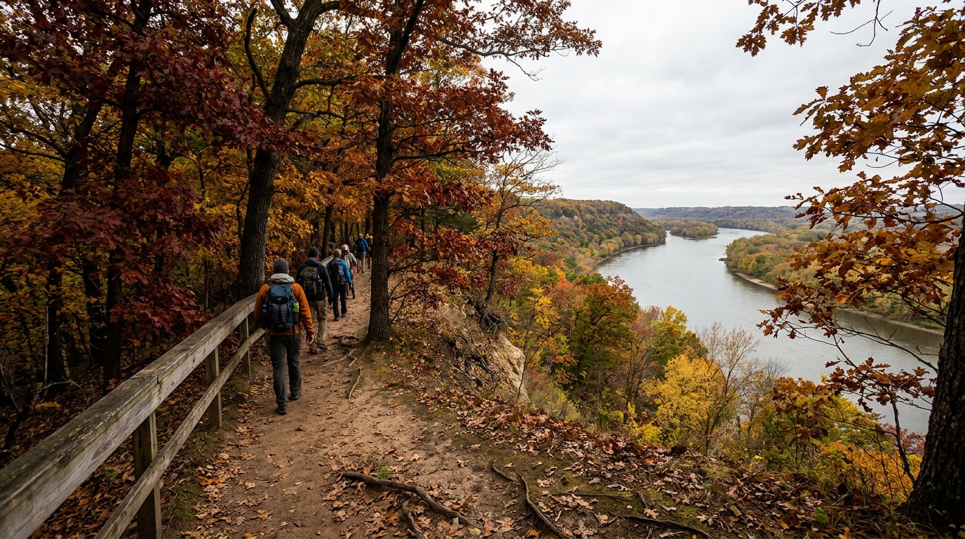 Steep bluff-top trail at Effigy Mounds in peak fall foliage, Mississippi River far below, hikers on the path, brilliant orange and red trees
