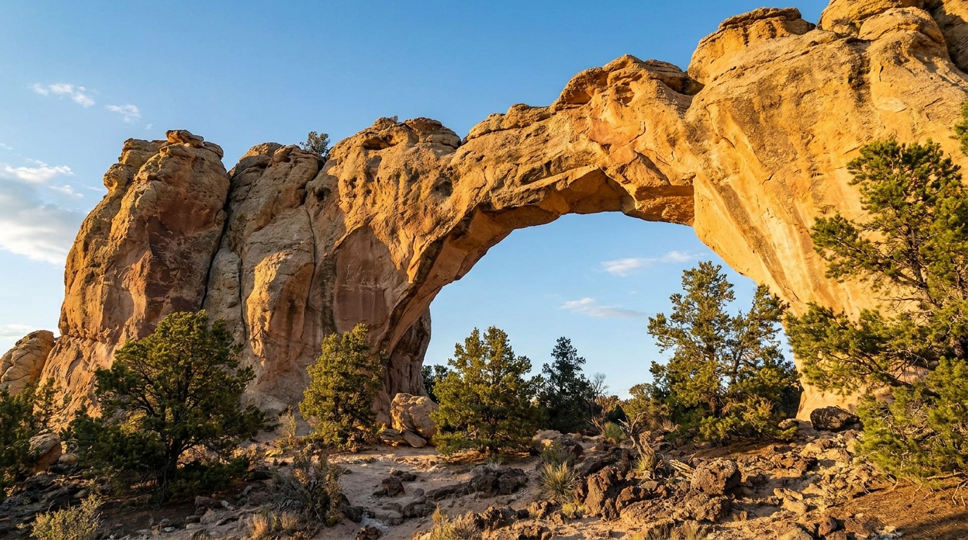 La Ventana Natural Arch, a huge sandstone arch glowing warm orange against a blue sky at El Malpais National Monument
