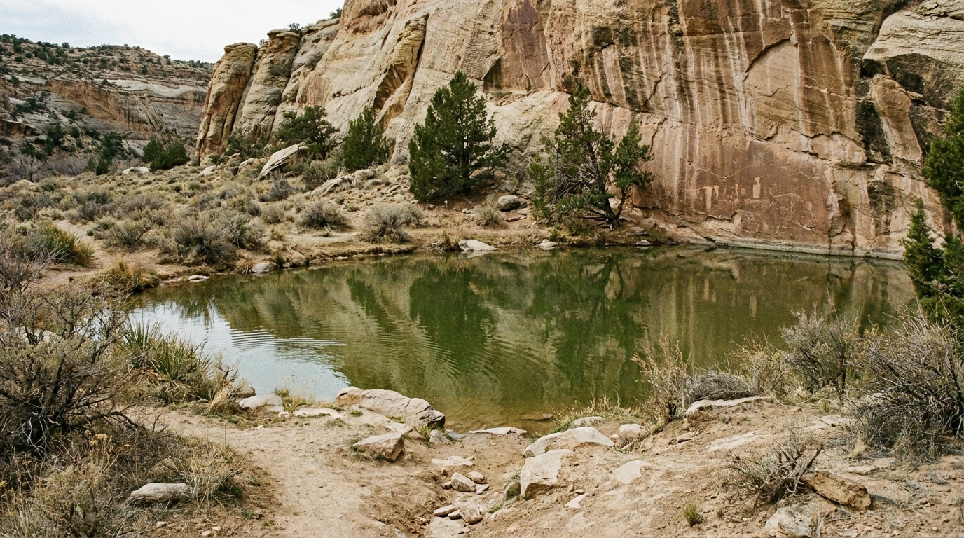 The reliable green waterhole at the base of El Morro bluff reflecting the cliff face, the historic oasis that drew travelers