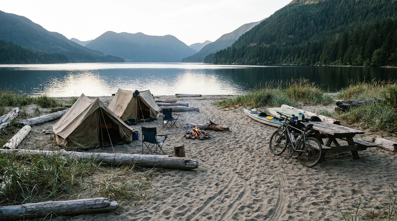 Sandy beach and shoreline camping at the lake