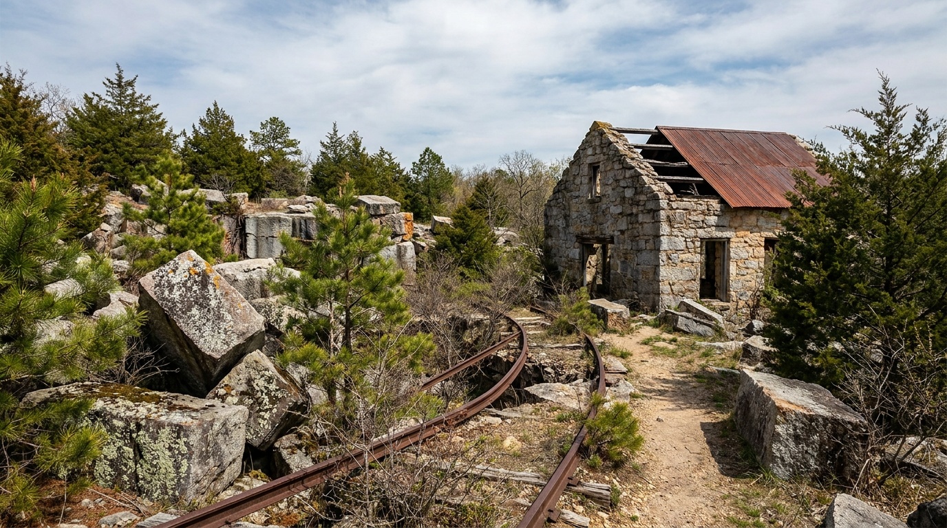 The ruins of a historic granite quarry and railroad engine house at Elephant Rocks, cut stone blocks and rusted rails among pine and granite outcrops.