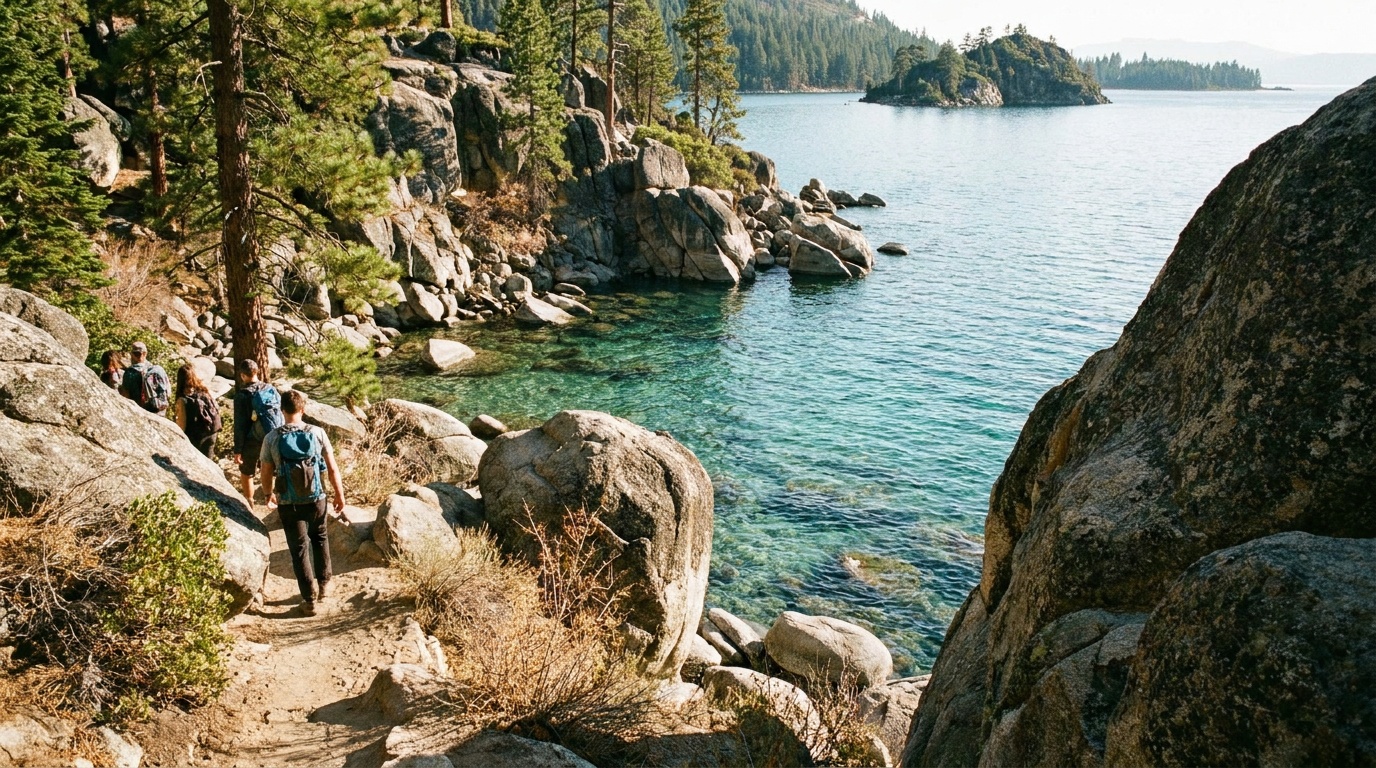 Clear-water cove and granite shoreline along the Rubicon Trail at Emerald Bay