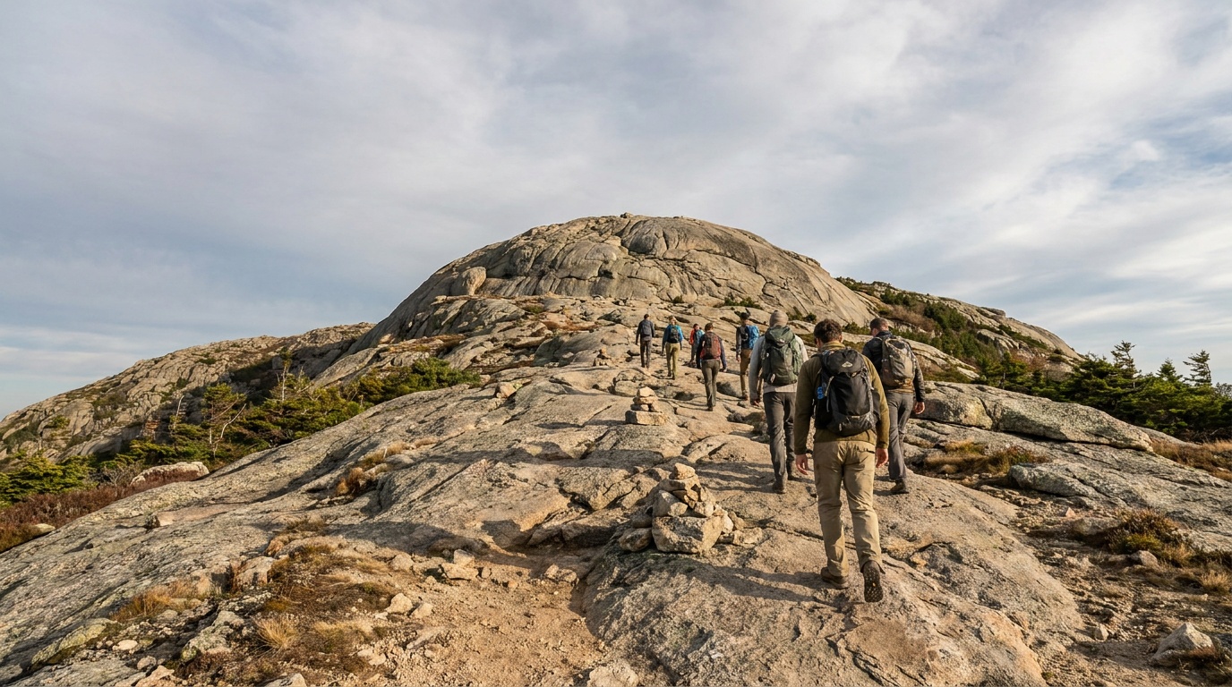 Hikers climbing the bare granite Summit Trail up the dome