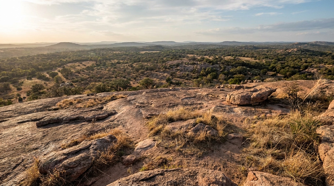 View from the summit of Enchanted Rock over the surrounding granite and brush country