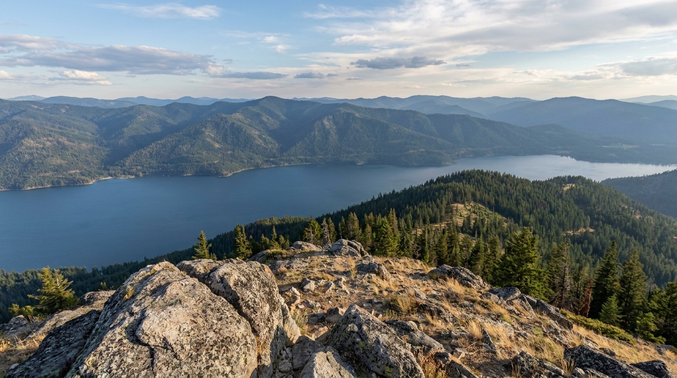 A panoramic view from Bernard Peak looking back across Lake Pend Oreille and surrounding forested ridges, expansive north Idaho mountain vista