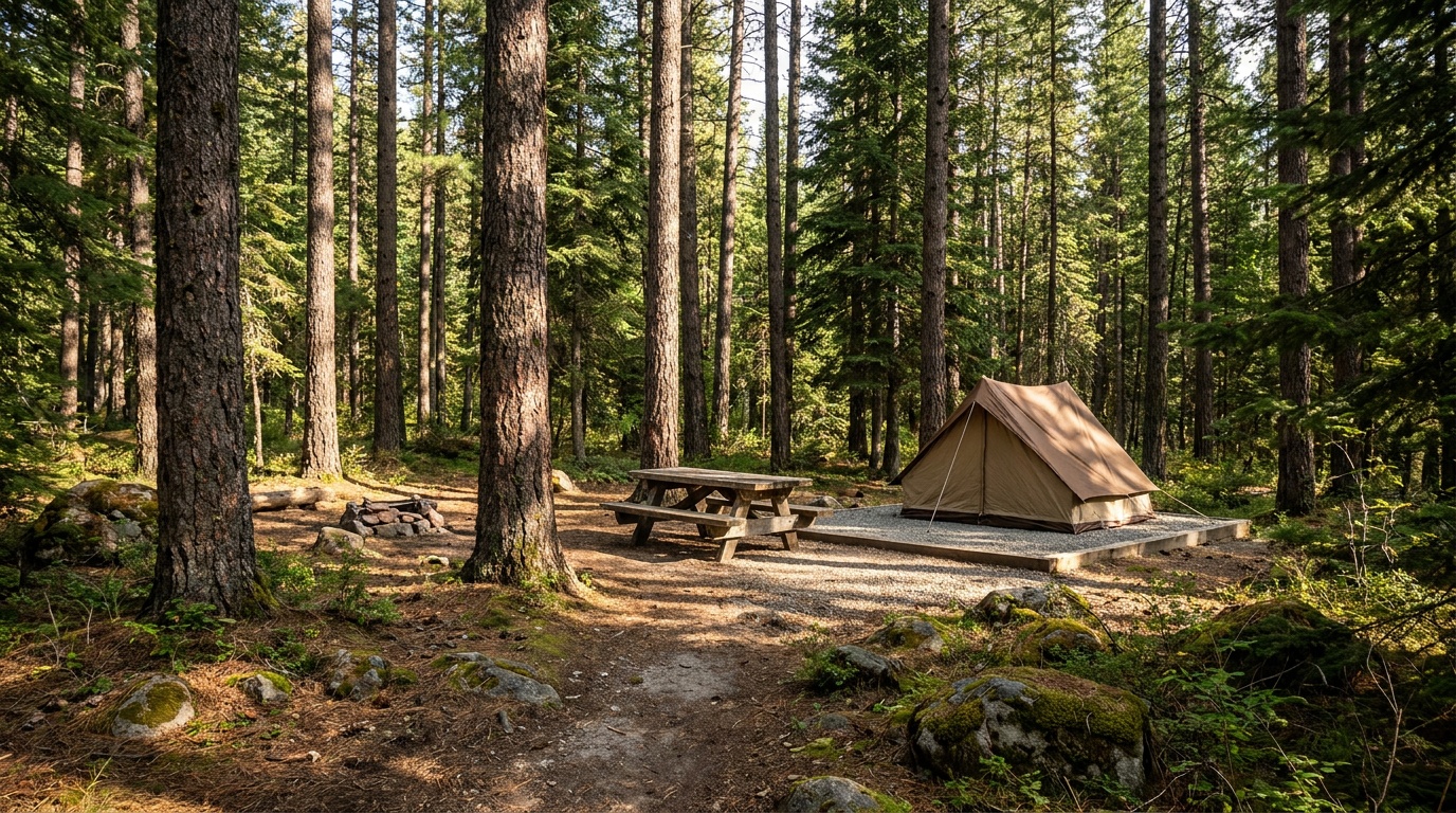 A forested campsite among tall conifers in Farragut State Park, picnic table and tent pad in dappled sunlight, north Idaho woods