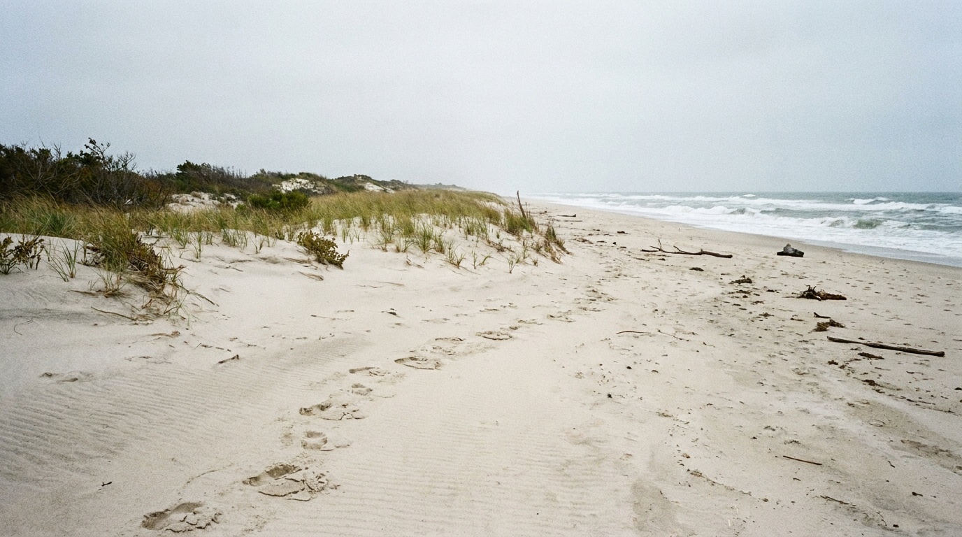 Empty windswept stretch of the Otis Pike Wilderness dunes and open Atlantic beach at Fire Island, footprints in soft sand, wild undeveloped coastline