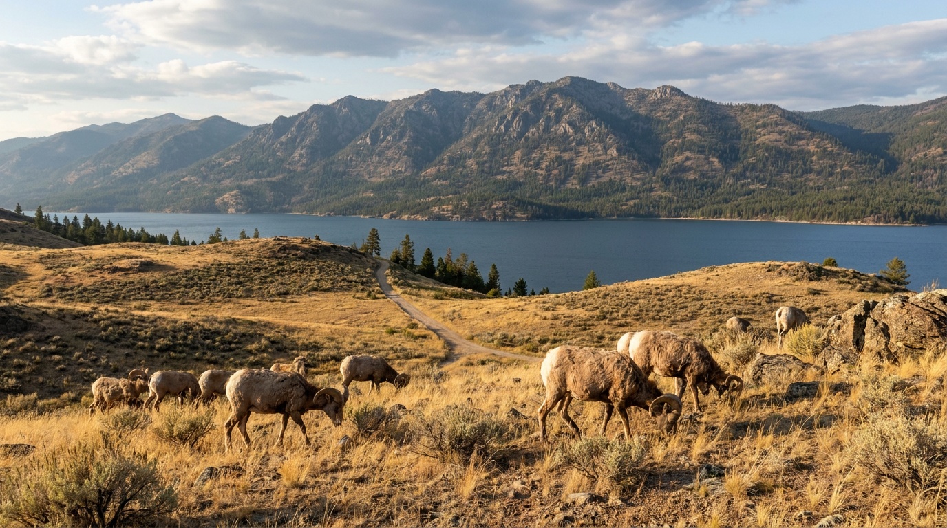 Bighorn sheep grazing on golden open grassland on Wild Horse Island with Flathead Lake and mountains behind, wildlife in a wide landscape