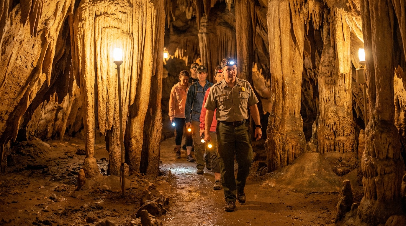A small group on a ranger-led cave tour walking past stalagmites and dripstone columns inside Florida Caverns, warm cavern lighting