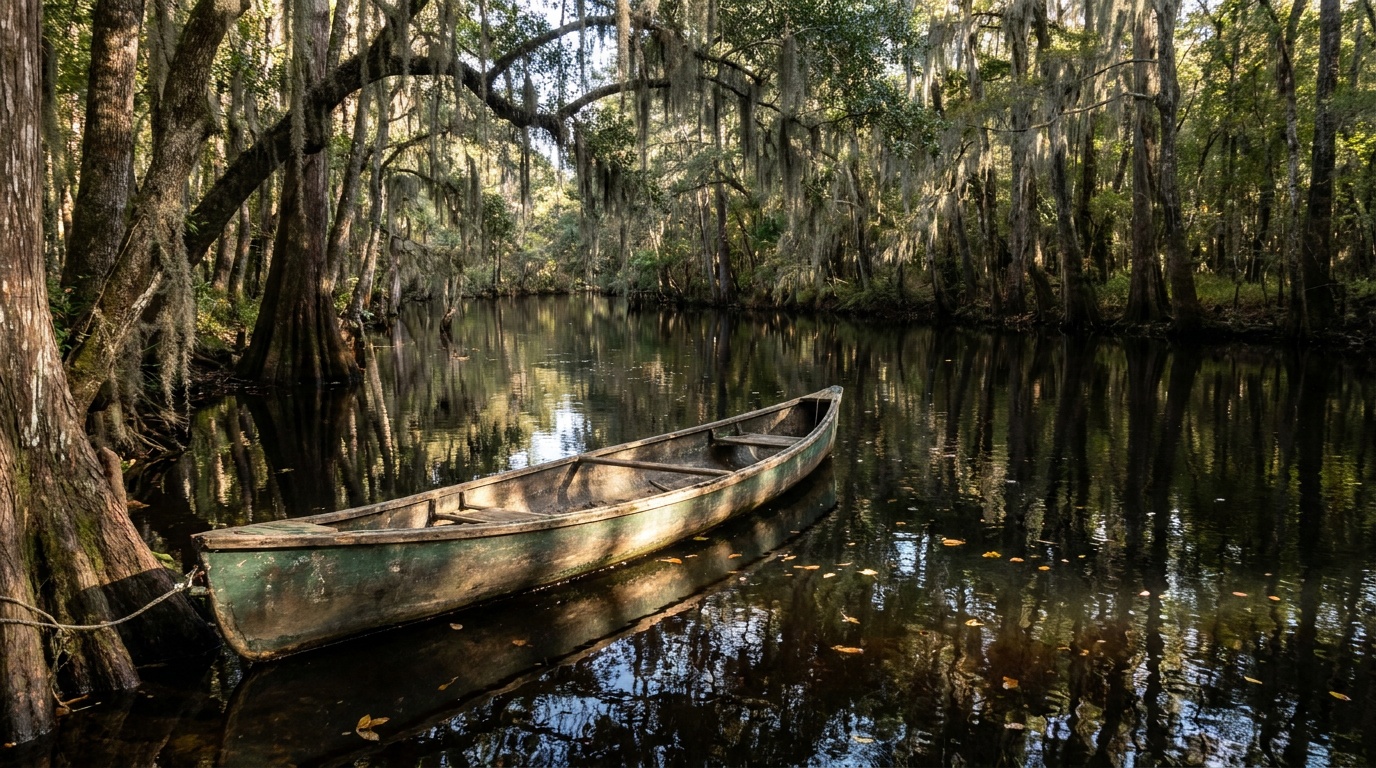 A canoe on the calm Chipola River beneath overhanging trees and Spanish moss near Marianna, dappled sunlight on the water