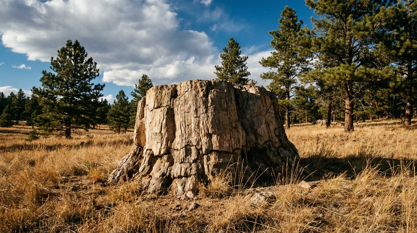 A giant petrified redwood stump, the Big Stump about 12 feet across, in a sunlit mountain meadow at Florissant Fossil Beds, golden grass and ponderosa pines, blue Colorado sky